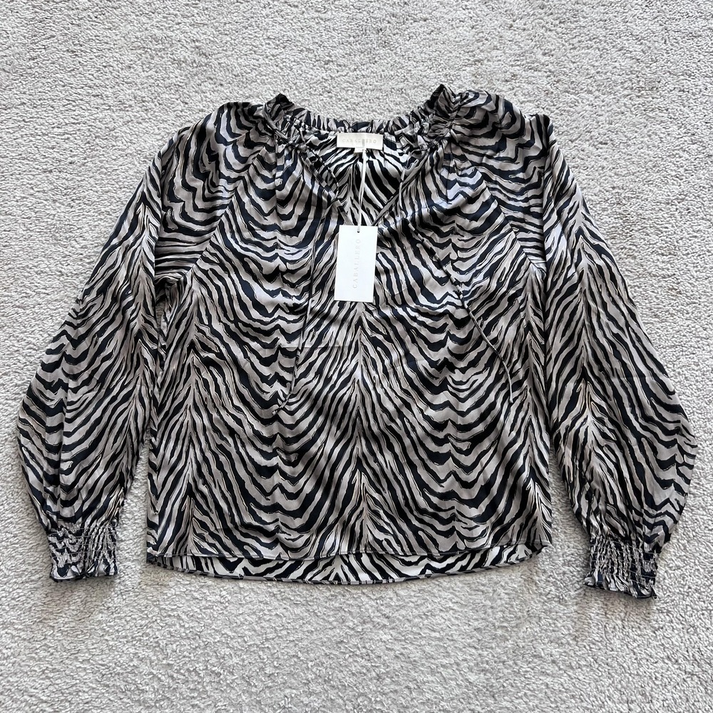 Caballero Miki Zebra Print Blouse Womens S Black Balloon Sleeve V-Neck Top